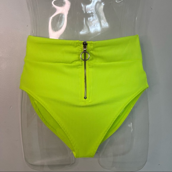 NEW Revamped Ribbed High Rise Bikini Bottoms Front Zip in Neon Yellow Size S - Picture 2 of 6